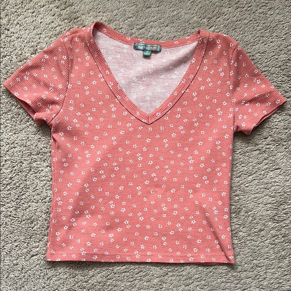 Good Luck Gem Pink Cropped V-Neck T-Shirt